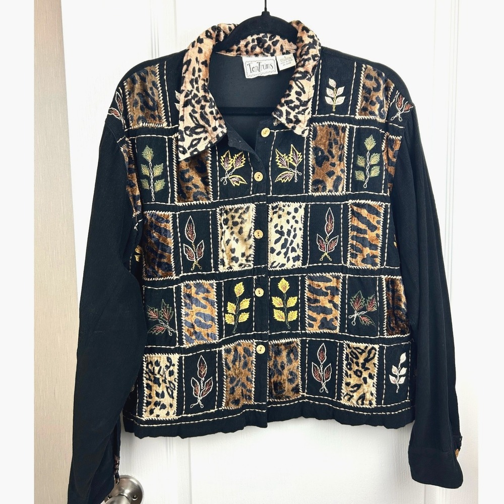 TanTrums Womens Corduroy Patchwork Animal Print Embroidered Jacket Black Large - Picture 1 of 6